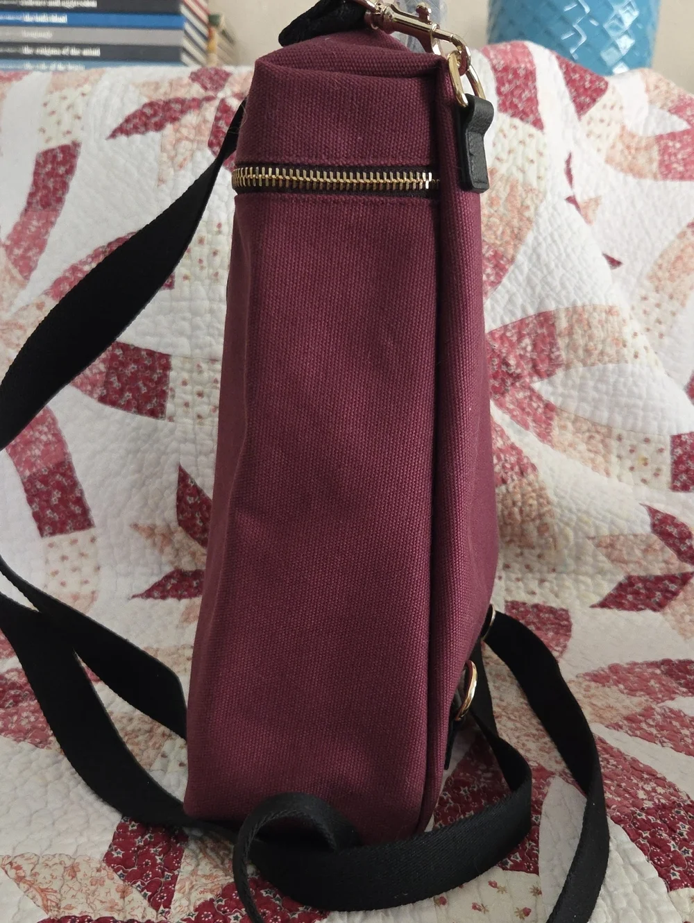 henri bendel Burgundy Canvas Backpack with Black Trim and Striped Strap